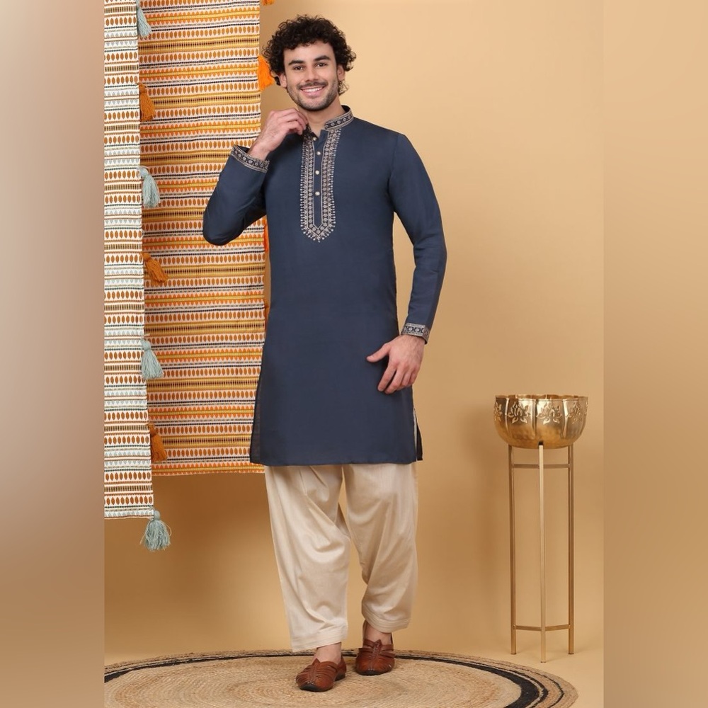 Navy Blue Cotton Silk Kurta Set - House of Indya